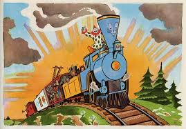 The Little Engine That Could book cover featuring a blue train climbing a hill with toys and gifts at sunrise.