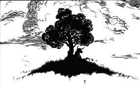 The Story of Ferdinand showing peaceful bull sitting under a large tree in a pen-and-ink illustration.