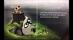 Little Owl's Night shows a raccoon resting in a forest den with a butterfly perched above at dusk.