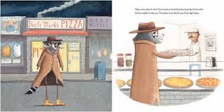 Secret Pizza Party book cover showing a raccoon sneaking near a pizza shop and ordering pizza inside.