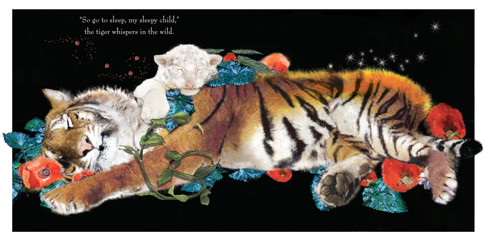 Illustration of a tiger and cub sleeping among flowers in "It's Time to Sleep My Love" board book.