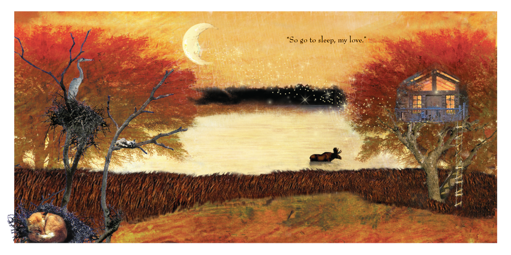 Illustration from It's Time to Sleep My Love showing a peaceful night with animals and a treehouse under a crescent moon.