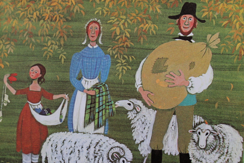 Ox-Cart Man illustration showing family with sheep and goods in 19th-century New England setting.