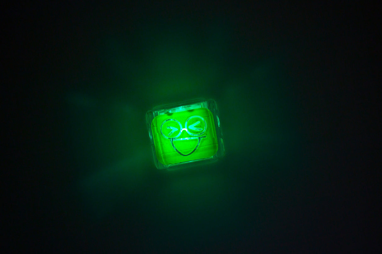 Glo Pals Green glowing bright in water with a happy face, designed for kids ages 3 and up.