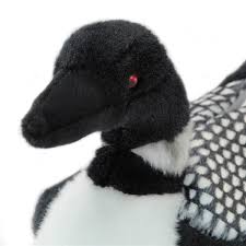 Loon Ludwig plush toy with soft black and white loon markings and distinctive red eyes, perfect for ages 2 and up.