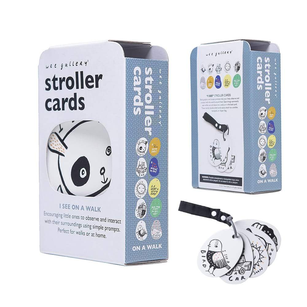 I See on a Walk Stroller Cards featuring sturdy illustrated cards with prompts to explore a baby's world on walks.