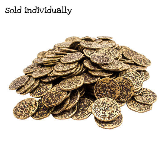 Gold Pirate Doubloon authentic replica coin pile inspired by Atocha shipwreck, perfect for costumes or treasure chests.
