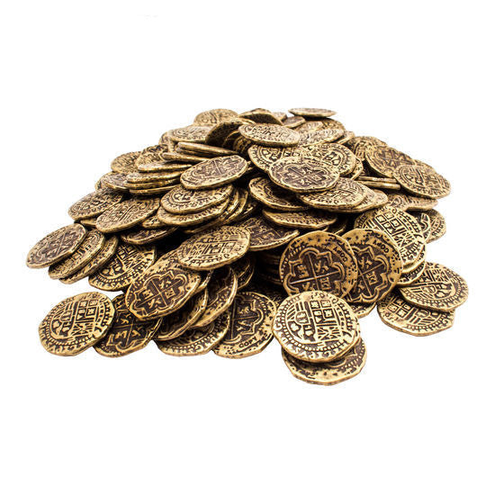 Gold Pirate Doubloon authentic replica coin pile inspired by Atocha shipwreck, perfect for costumes or treasure chests.