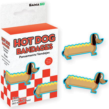 Hot Dog Bandages featuring 18 die-cut wiener dog shaped adhesive strips for cute and fun first aid care.