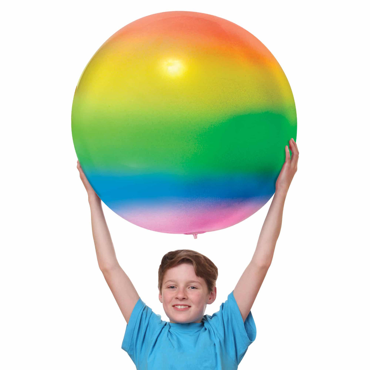 Child holding a large rainbow-colored Jelly Ball Jumbo, a stretchy and inflatable toy ball nearly 3 feet wide.