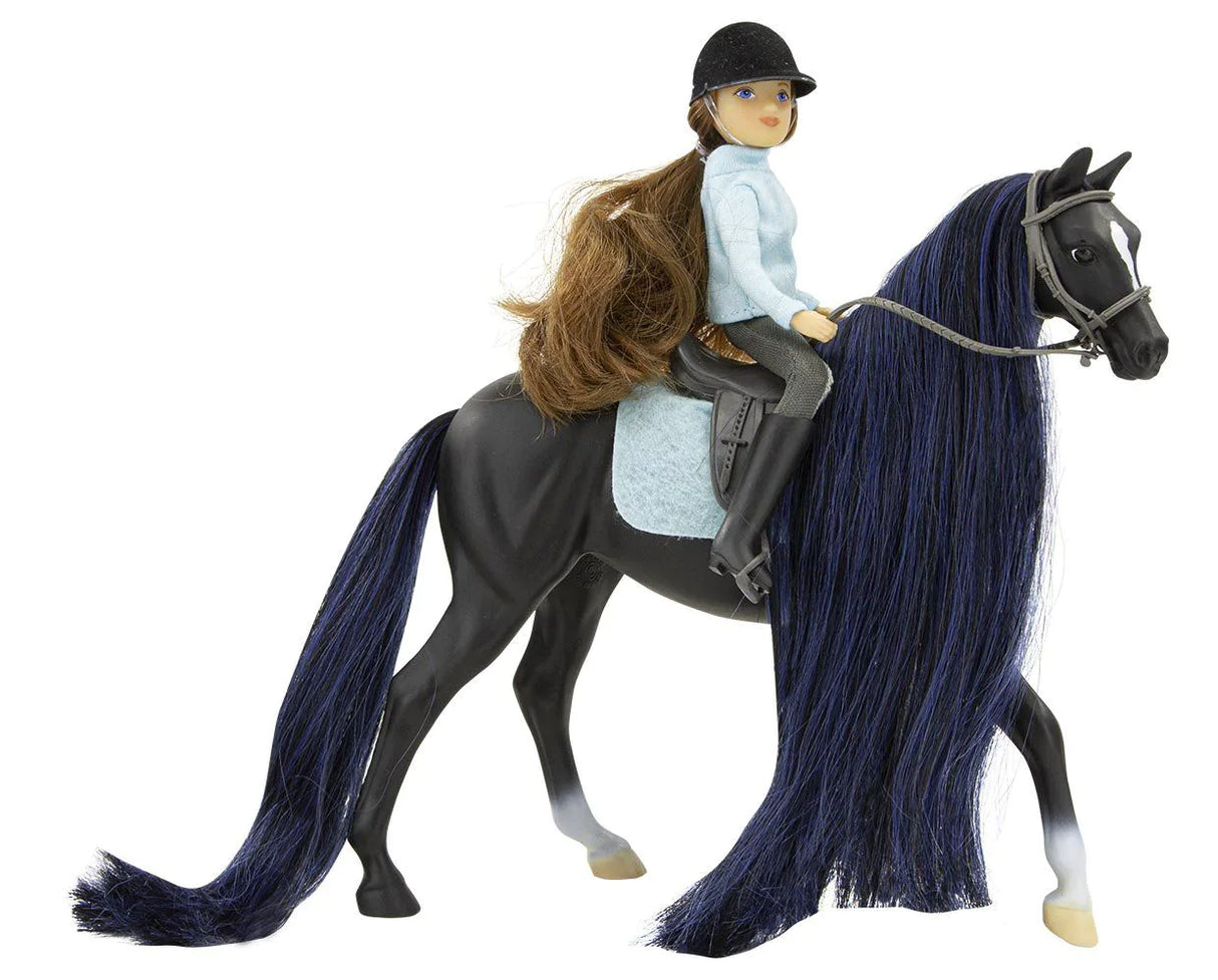 Jet & English Rider Charlotte set with black Thoroughbred horse and articulated rider in riding gear.