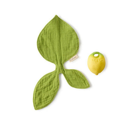 Mini DouDou Teether | John Lemon with soft green muslin blankie and detachable yellow natural rubber teether for babies.