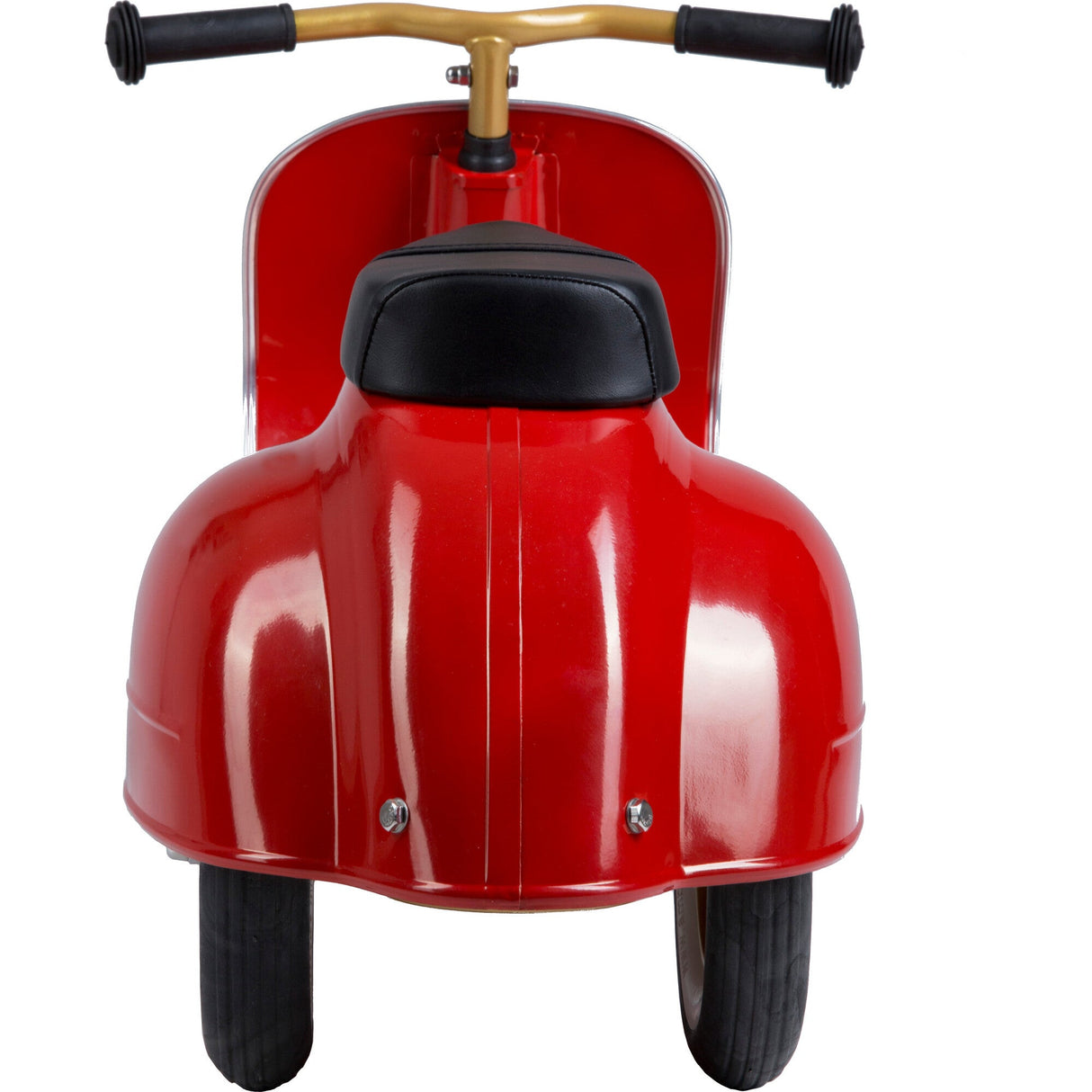 Front view of the Primo Ride On Red toddler scooter with black seat and gold handlebars, designed for children ages 1-5.