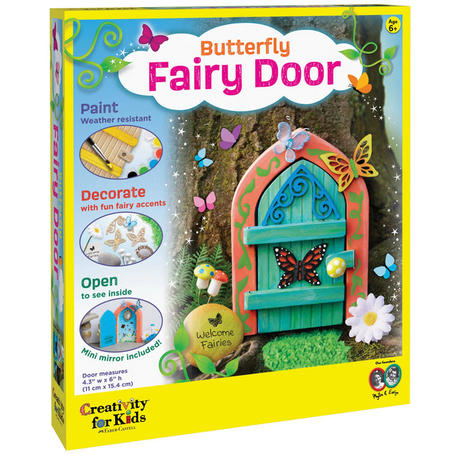 Butterfly Fairy Door craft kit with paint, wooden accents, and fairy-themed decorations for kids ages 6 and up.