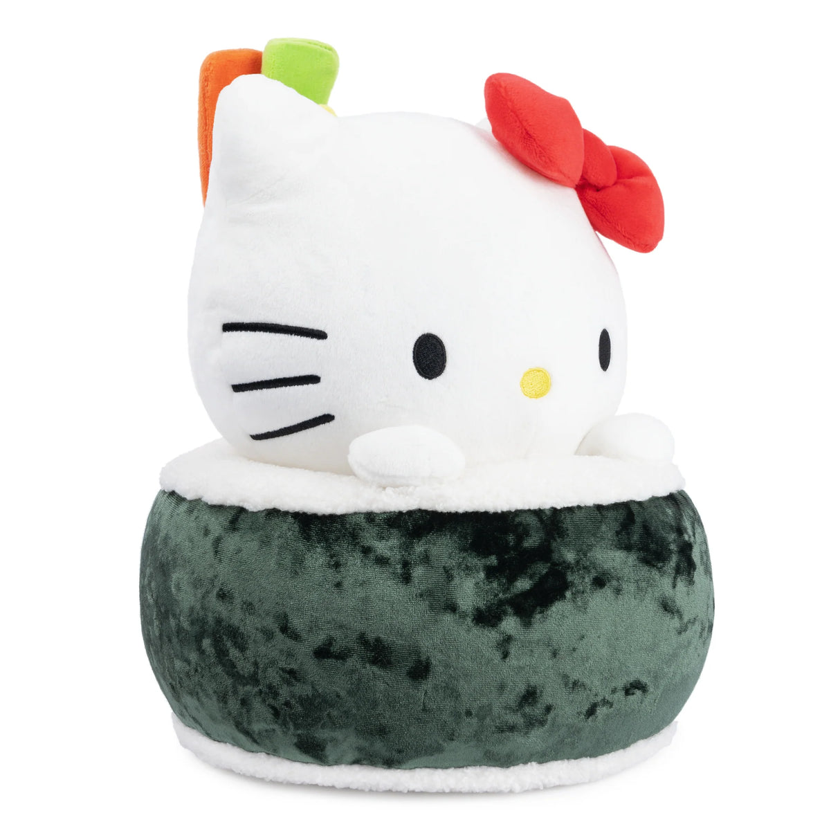 Hello Kitty Sushi plush with embroidered face, red bow, and veggie sticks wrapped in crushed-velvet green nori sushi rice.