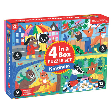 4-12pc Kindness Progressive Puzzles featuring adorable animals showing kindness in 4 puzzles with varying difficulty levels.
