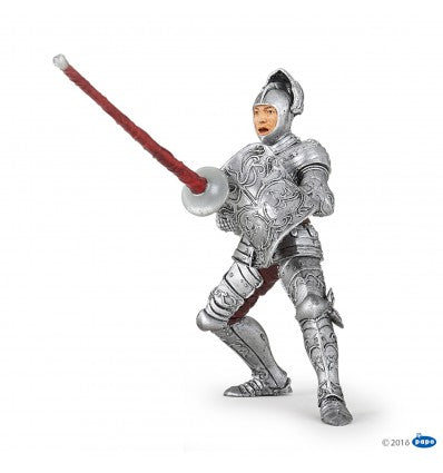 Knight in Armor figurine in detailed silver armor holding a lance and shield with a raised face guard.