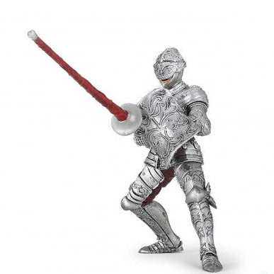 Knight in Armor figurine holding a lance, detailed medieval armor, shield raised behind helmet visor.