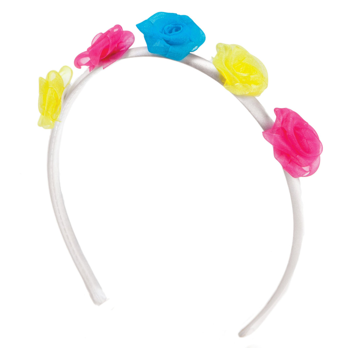 Fashion Headbands featuring colorful flower trims on a white band for a playful and stylish look.