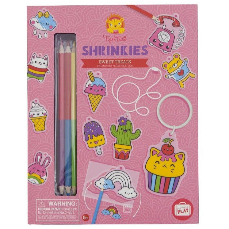 Shrinkies | Sweet Treats plastic charms kit with color pencils for decorating and creating key chains and jewelry.