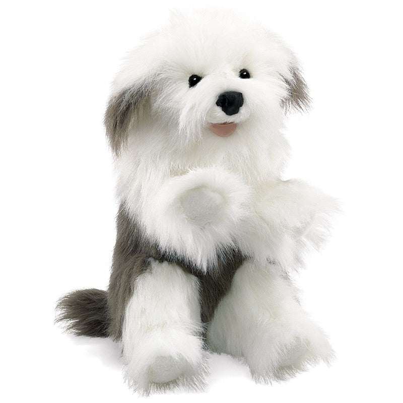 Sheepdog Puppet with fluffy white and gray fur, lifelike features, and movable paws for interactive play.