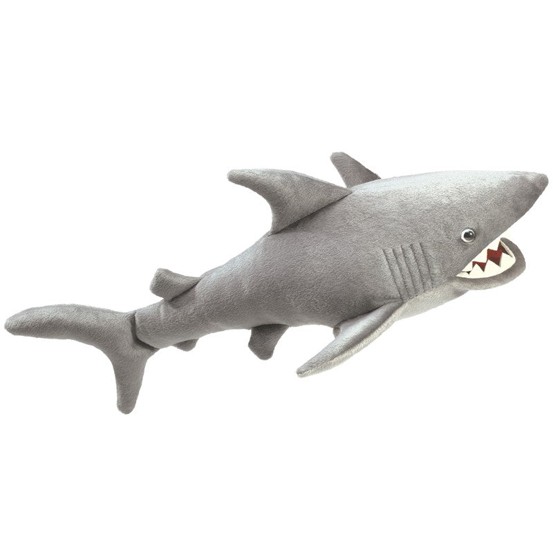 Soft gray Shark Puppet with vinyl teeth and velour skin, measuring 22 inches long, for ages 3 and up.