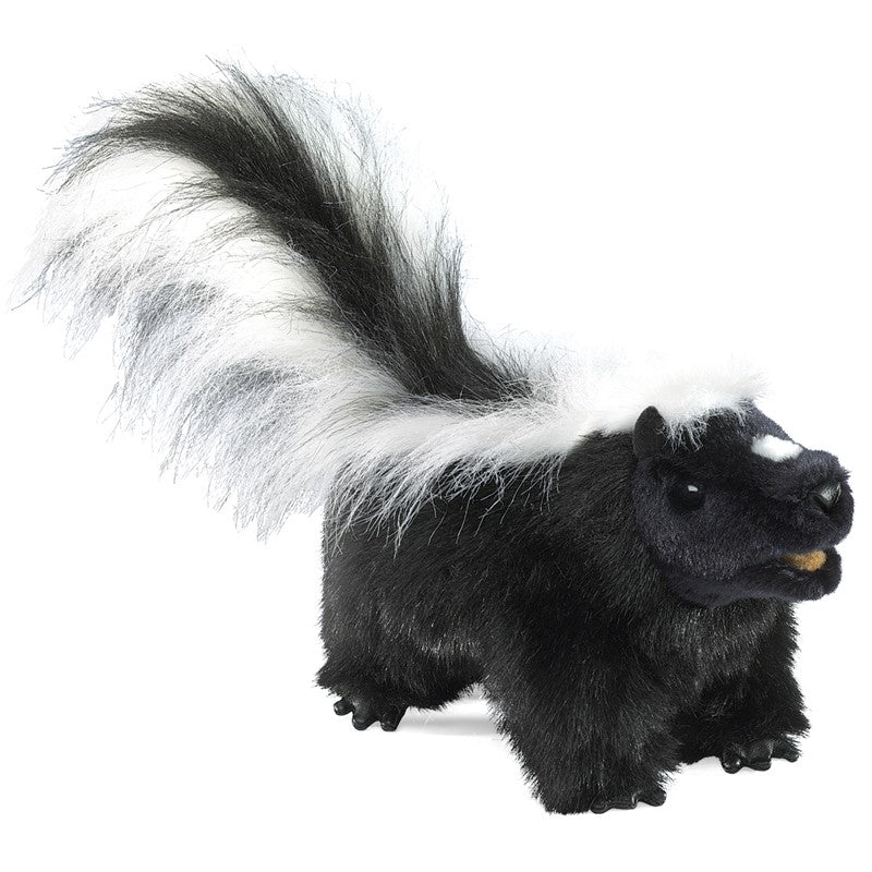 Skunk Puppet with soft black fur and white stripes, movable mouth and tail, measures 14 inches long for ages 3 and up.