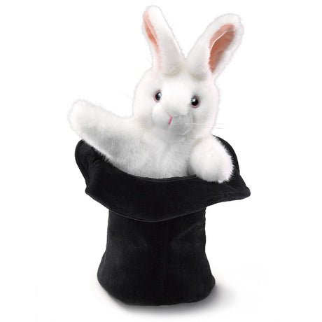 Rabbit in Hat Puppet shows a fluffy white bunny popping out of a soft black magician's hat, waving its paws.