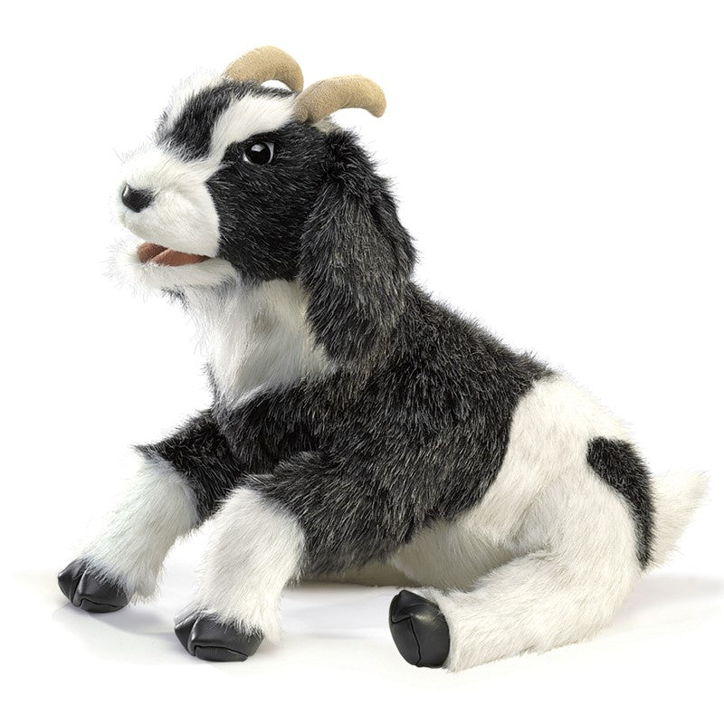Goat Puppet plush toy with soft fur, weighted vinyl hooves, floppy ears, and safe stuffed horns for kids ages 3 and up.