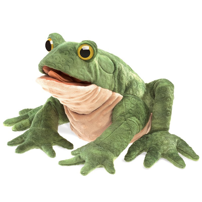 Green textured plush Toad Puppet with wide eyes and movable forelegs, mouth, and tongue for imaginative play.