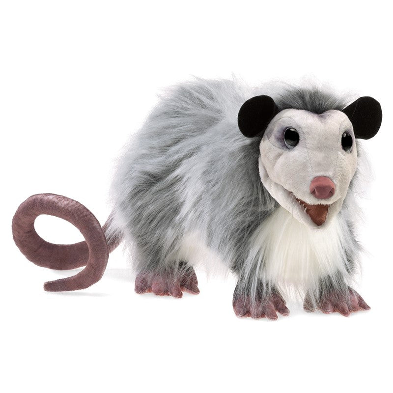 Opossum Puppet with realistic fur, movable mouth, and printed rat-like tail, perfect for playful and creepy fun.