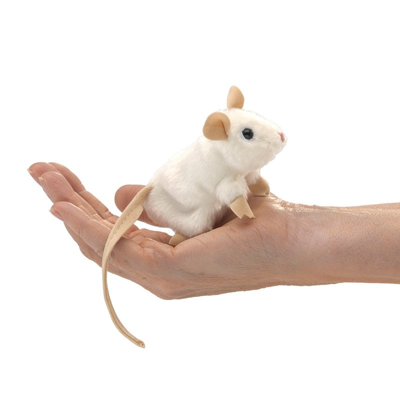 Mini White Mouse Finger Puppet held in hand, soft and detailed for imaginative play and storytelling.