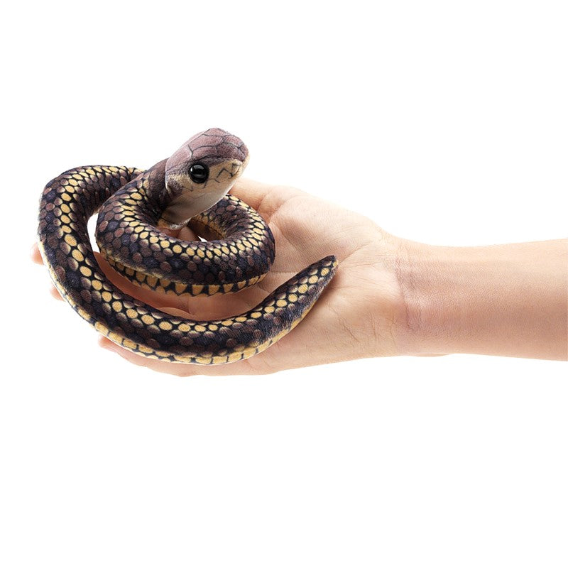 Hand holding a coiled Snake Finger Puppet, a soft and detailed toy for nature exploration and imaginative play.