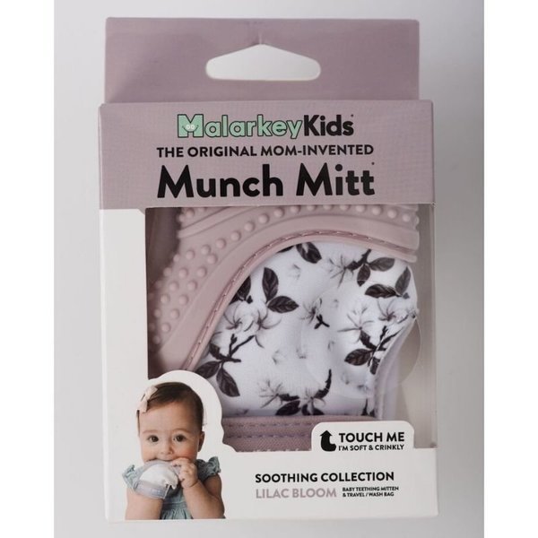 Munch Mitt | Lilac Bloom baby teething mitten with floral design and textured silicone for soothing relief.