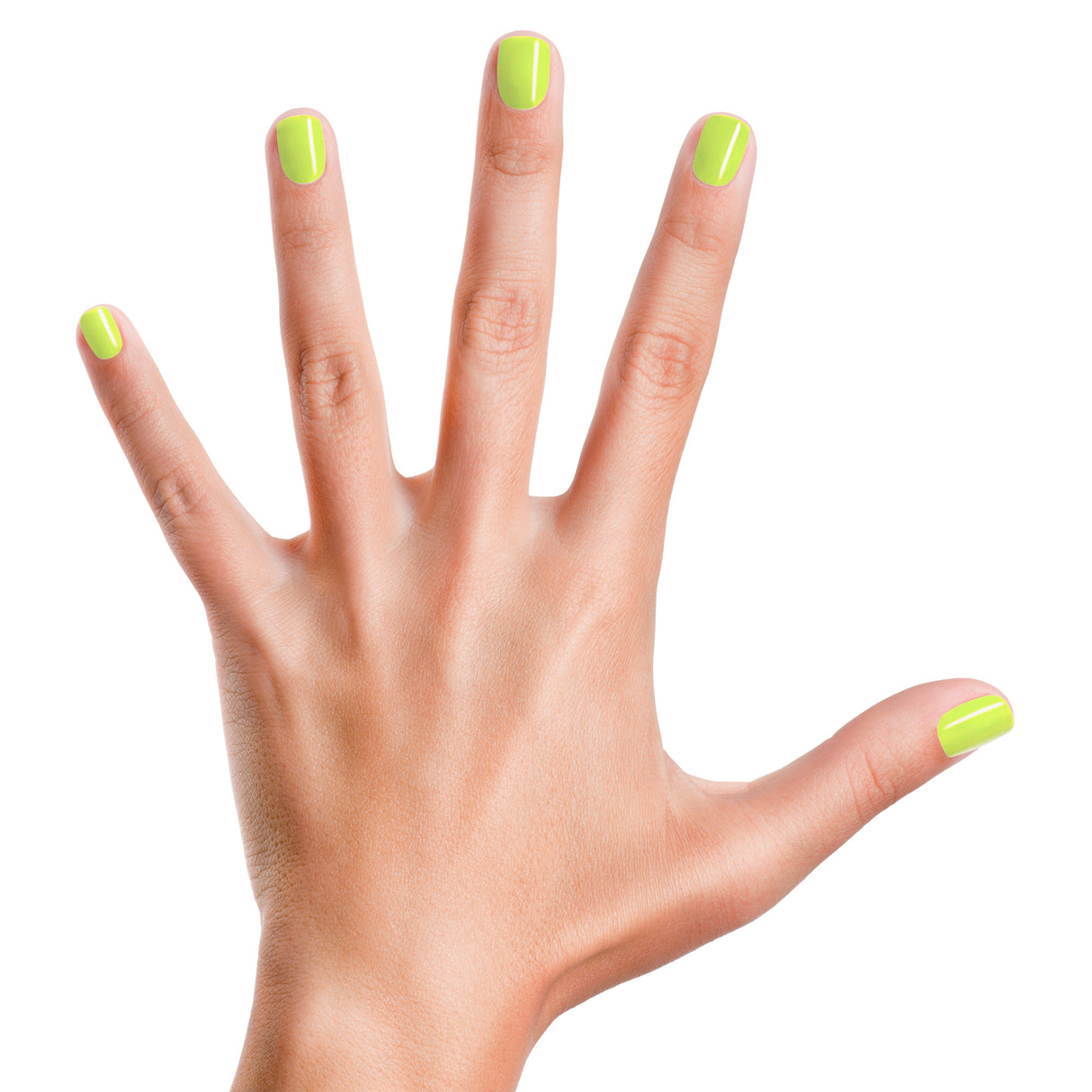 Hand with nails painted in vibrant neon Lime Green polish called Nail Polish Lime Time on white background.