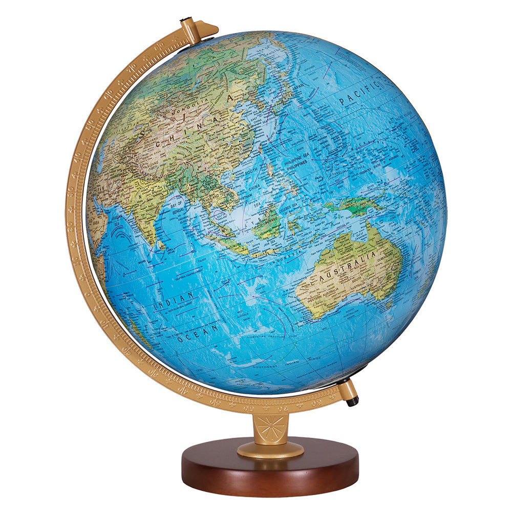 Livingston Light-Up Globe showing a detailed blue ocean map with political boundaries on a walnut base with semi meridian.