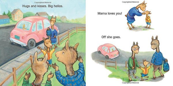 Llama Llama Gram and Grandpa book illustration showing Llama saying goodbye to Mama before visiting Gram and Grandpa.