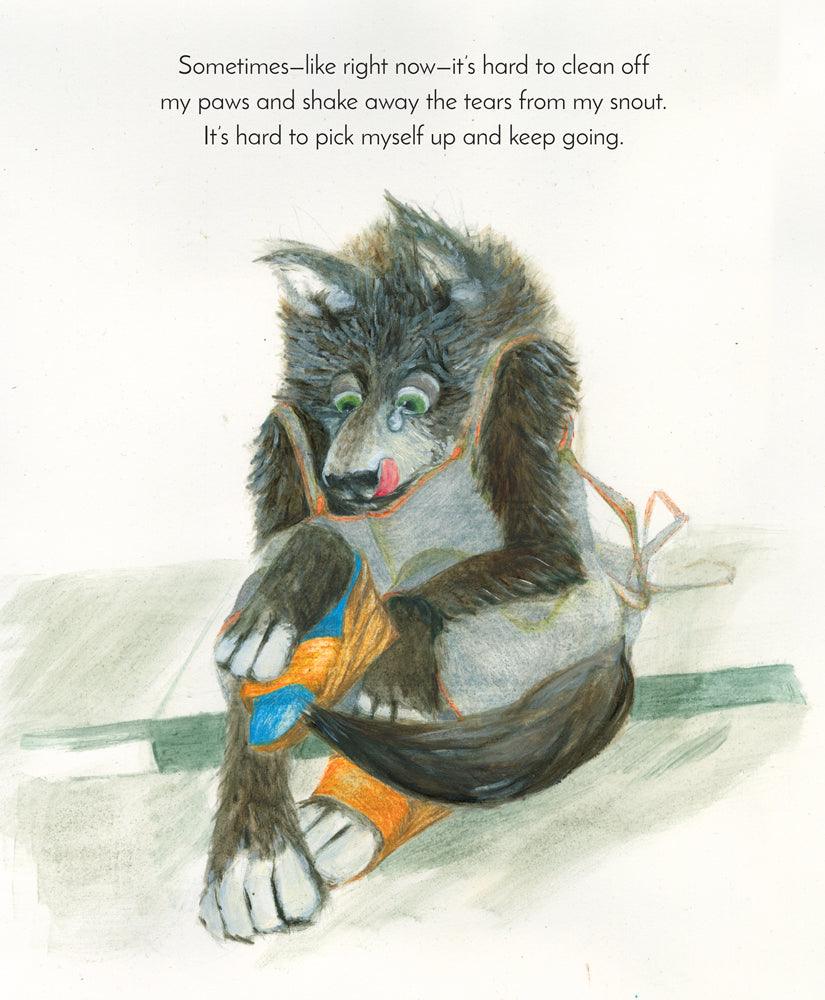 Imagine a Wolf shows a gentle wolf knitting with a thoughtful, kind expression, challenging expectations of wolves.