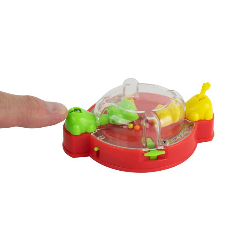 World's Smallest Hungry Hungry Hippos mini game with two colorful hippos and a finger ready to play.