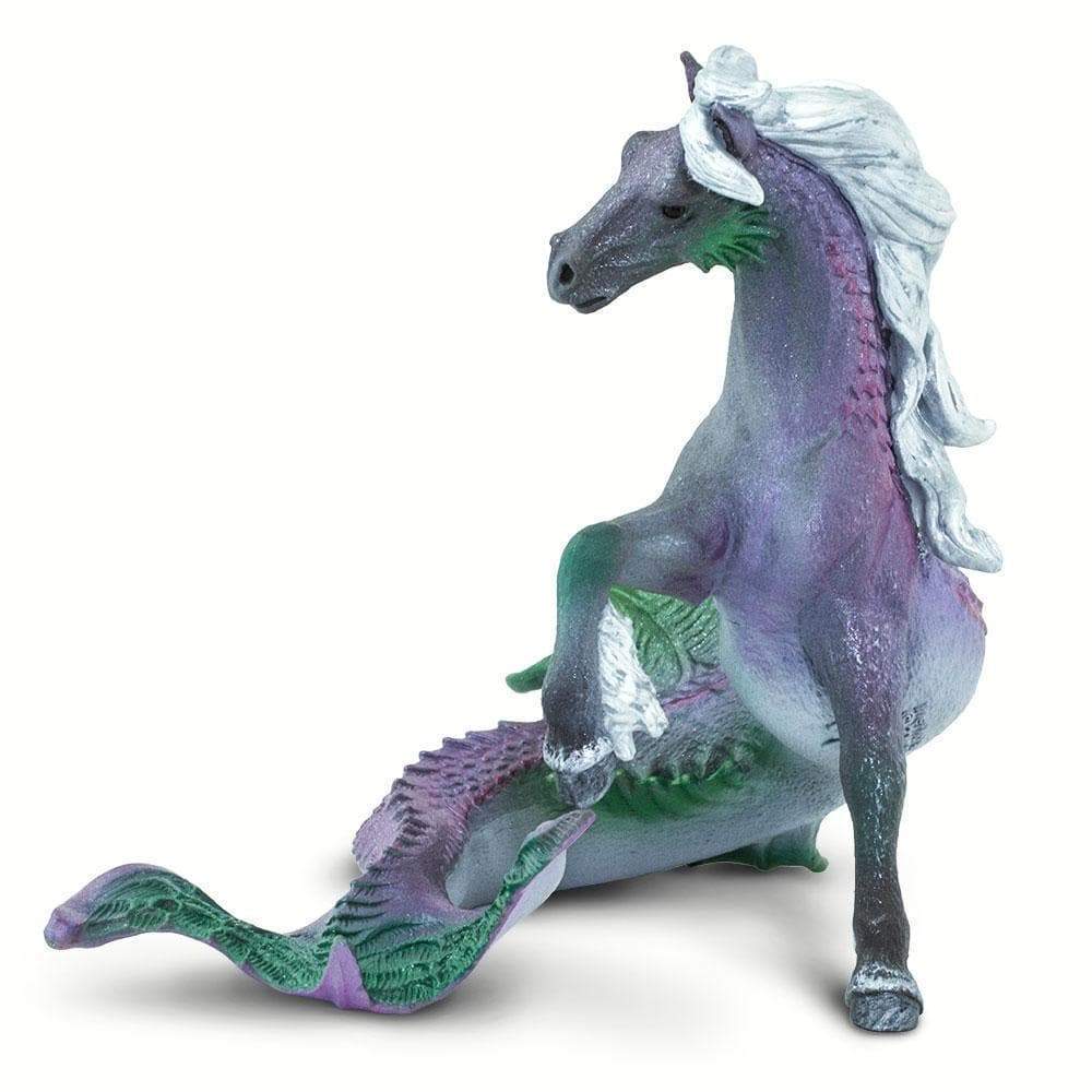 Merhorse figure with horse head, silvery mane, and pearlescent purple scales on blue-gray body in prancing pose.