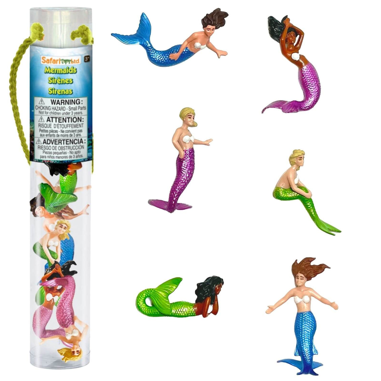 TOOB | Mermaids set with 6 colorful, detailed mermaid figurines in various poses, packed in a clear tube with a rope handle.