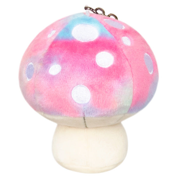 Mushroom Micro plush clip in multicolor with white spots, made of polyester fiber, measures 3x3x3.5 inches.