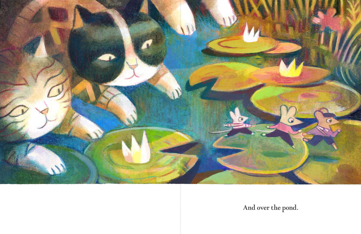 Illustration from Mina showing two cats watching mice crossing lily pads on a pond in a colorful forest scene.
