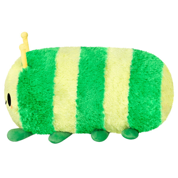Caterpillar Mini plush toy with green and yellow stripes, soft polyester fiber, perfect for all ages and cuddling.