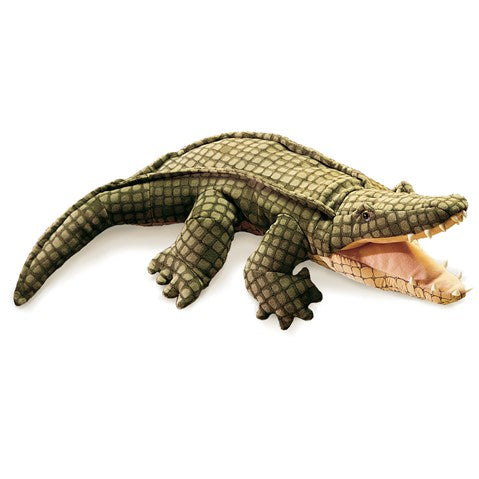 Alligator Puppet with soft velour body and plastic teeth, 24" long cuddly riverbank companion toy.