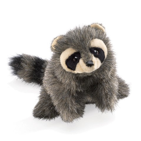Soft and cuddly Baby Raccoon Puppet with realistic fur and curious expression, perfect for play and snuggles.