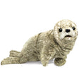 Harbor Seal Puppet with soft whiskers, big black eyes, and realistic spotted fabric fur, perfect for ages 3 and up.