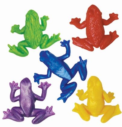 Five brightly colored stretchy frogs in green, red, blue, purple, and yellow from the Stretchy Frogs set.