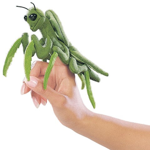 Praying Mantis Finger Puppet shown worn on a finger, green fabric insect puppet with detailed legs and antennae.