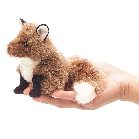 Fox Finger Puppet shown on a hand, featuring soft brown fur, a fluffy tail, and cute forest animal design.
